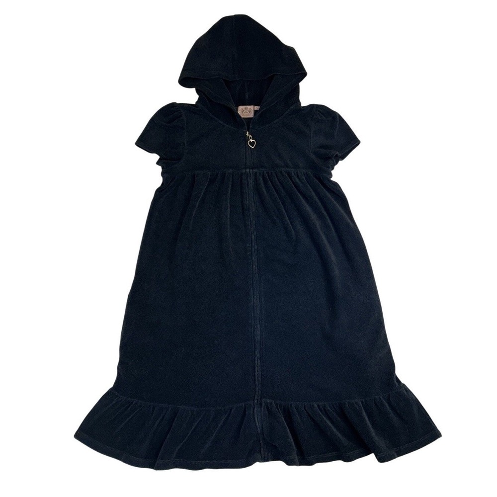 Vtg Y2K Juicy Couture Black Velour Short Sleeve Hoodie Zip Mini Dress Sz Medium
